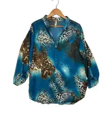 Auditions 1XL Womens Sheer Blouse Animal Print Blue MobWife 3/4 Sleeve