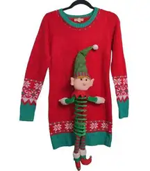 Its Our Time Pullover Sweater Women's S Red Green Elf Plush Ugly Christmas 3-D