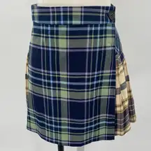 Urban Outfitters Plaid Mini Skirt Pleated High Waist Wrap Navy Green Yellow S