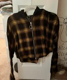 Cropped Flannel Hooded Zip Up