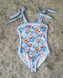 Visual Swim One Piece Tie Strap Reversible Floral Swimsuit Blue Size Medium