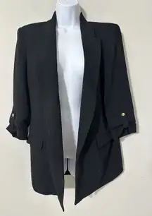 Zara Black Open Front Blazer Jacket Padded Shoulder 3/4 Roll-Tab Sleeve Size S