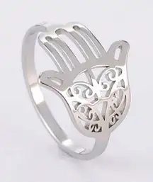 NEW Unisex Hamsa Hand 18k White Gold PVD‎ Pinky Small Ring Size 7