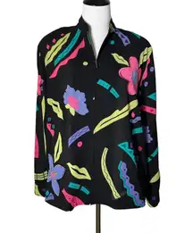 Alfred Dunner Floral Bomber‎ Jacket Women Size 8 Black Retro Neon Colorful Artsy