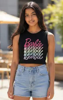 Bella Canvas Black Barbie Tank Top with Pink and White Graphic