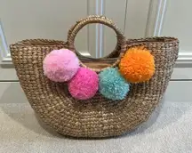 Bohopeach Woven Rattan Straw Bag With Pom Poms Beach Cruise Vacation Resort Boho