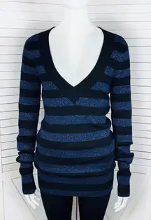 Express Y2k Striped Shimmer Deep V‎ Neck Going Out Sweater Blue Black Large