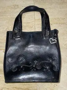 Vintage Brighton Embroidered Floral Black‎ Leather Mini Tote Bag 8.5x7.5”
