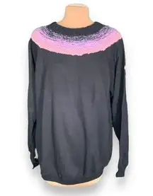 Vintage Upcycled Sweatshirt Black Pullover Fuzzy Knit Pink Purple Crochet Collar