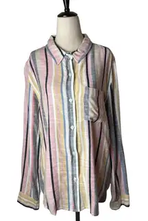 Dylan Shirt Women Large‎ Blue Pink Striped Cotton Button Down Preppy Colorful