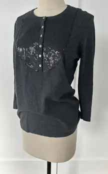 J. McLaughlin Small Charcoal Gray Black Sequin 3/4‎ Sleeve Henley Light Sweater