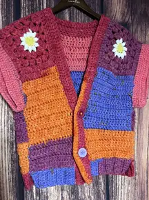 Granny square Crochet Artsy Cropped Retro HIPPIE Jacket Cardigan S M  Phoebe