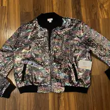 LULAROE ELEGANT STEVIE BOMBER JACKET Large 14/16 Rainbow Sequins Pink Mermaid
