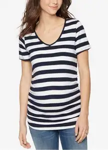 A Pea in the Pod Maternity Striped V-Neck Ruched Sides Tee Sz S White Blue