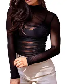 NWT Reoria Black Sheer Mesh Mock Turtleneck Ruched Long Sleeve Bodysuit Medium