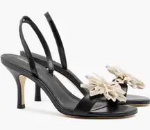 Larroude Hibiscus Slingback Sandal Heels Black Leather Floral Sz 10 Lightly Worn