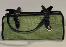 The Sak Green Knit Crochet Handbag Barrel Style w/ Navy Nylon Trim & Straps