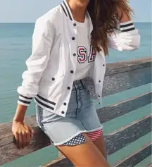 VENUS Womens USA Matte Satin Bomber, White/Navy, size Large, New in bag