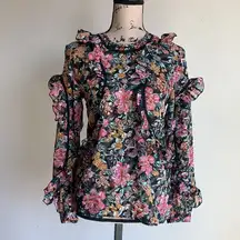 Topshop Blouse Floral Ruffle Trim Black Sz 2 NWT
