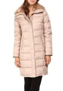 Cole Haan Tan Faux Fur Collar Down Filled Long Line Puffer Jacket