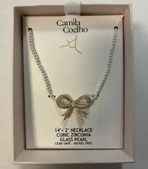 Camila Coelho Bow Necklace Cubic Zirconia Stone Bow w/ Glass Pearl Chain NIB
