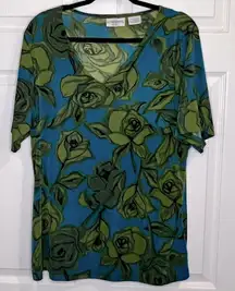 Kathy Ireland Women’s Blouse - V-Neck Blue/Green Floral Print - Sz -X (12-14)