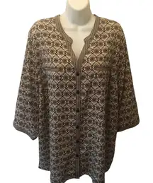 Catherines Plus Size 2X Hippy Tunic Top Black Tan Printed Full Button  Blouse