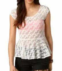 American Eagle Floral Lace Peplum Top White Medium