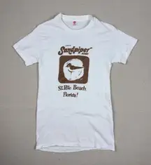 Vtg 70s St Pete Beach Florida Tee Womens Small White Brown Graphic Single Stitch
