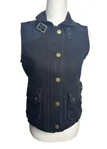 Ralph Lauren LRL  Denim Moto Vest Zip Front Quilted‎ Shoulder Black Sz Small