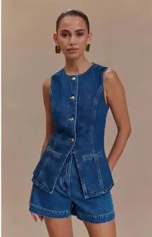 Meshki Abel Button Up Vest & High Rise Short Denim Set Dark Blue Women's Size S
