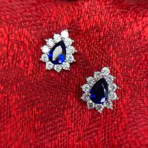 Small Delicate Sparkly Teardrop Royal Blue Rhinestone Stud Earrings