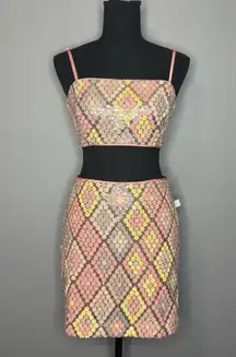 NWT CAROLINE CONSTAS Sequin Crop Top & Skirt Set Pink Size 2
