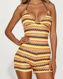 Crotchet Halter Chevron Yellow Combo Romper Sz S Boho Beachy Vacation