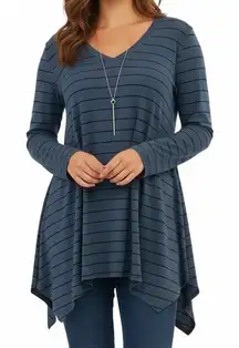 Garnet Hill Slate‎ Blue Navy Striped Tunic XL Hankerchief Hem Boho Popover