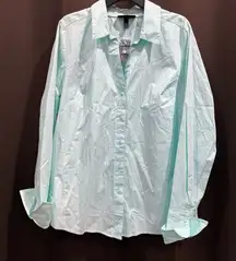 Lane Bryant Aqua Pleated Fitted Button-Up Blouse Folded Cuffs Size 20 NWT