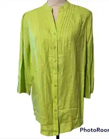 Kim Rogers large women’s ondina lime green 100% linen button down 3/4 sleeve