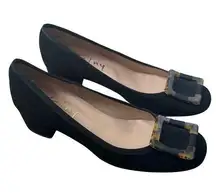 French Sole New York Stunning Black Suede Pumps with Tortoise Ornament