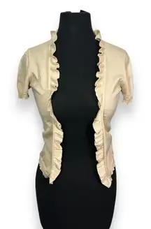 J‎ Crew Cashmere Blend Ruffle Trim Short Sleeve Cardigan Sweater Womens XS Cream