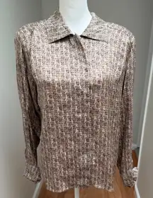 Anne Klein Silk Button Up Shirt Womens Large Beige Abstract Print Career Chic