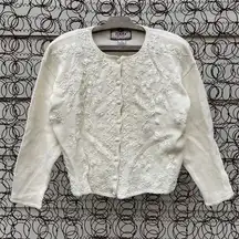 Vintage knit cardigan sweater embroidered Vining floral and bead design Tiara