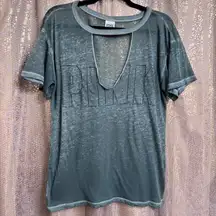 PINK Victorias Secret Sheer Dark Green Stretchy V Neck Cutout Tee XS Flawed