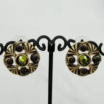 Chico's Gold Tone Green Rhinestone Flower Post Stud Earrings Pierced Pair