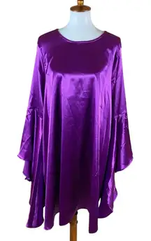 Aomei Purple Satin Bell Sleeve Swing Dress L Glam Party Holiday Statement Piece