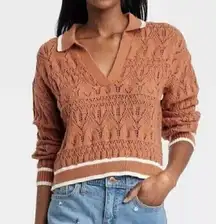 UNIVERSAL THREAD Collared Pullover Sweater Brown Cream Stripe Pointelle Cotton