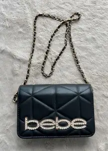 Bebe Quilted Black Leather Crossbody Purse With Gold Chain Strap & Rhinestone Lo
