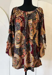 Win Win Womens Tunic Lace Trim Sleeve Blouse Size L-XL Brown