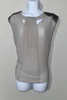 Tea & Cup Los Angeles Women's Sleeveless Blouse‎ Top Gray Beaded Shoulders L
