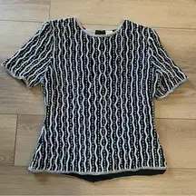 Vintage Stenay Black Silk Women’s Sequin Pearl Striped Short Sleeve Top Size L