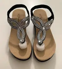 Size 8.5 silver gem encrusted black stretchy strap wedge sandals foam shoes